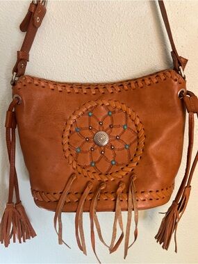 American West Dreamcatcher Leather Fringe Bag Turquoise Concho Boho